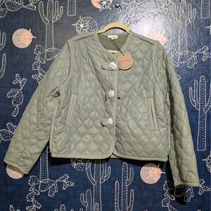 NEW Aaron & Amber Quilted Faux Leather Button Front Jacket Green Women's Small